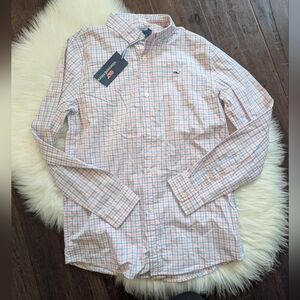 NWT New Vineyard Vines Boy's Pink Blue Plaid Whale Button Down Shirt 16 L Large